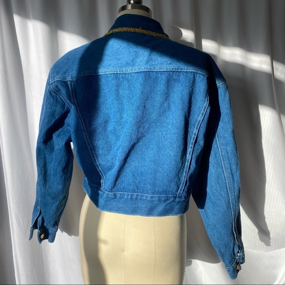 80s vintage 90s y2k denim gold button patches jacket gold trim - Picture 4 of 5